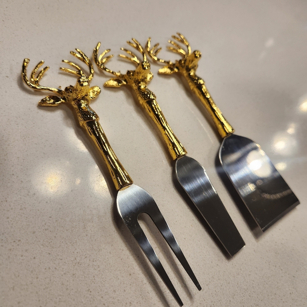 NWOT Gold Moose Reindeer Cheese Knife Fork Set Charcuterie Christmas Holiday